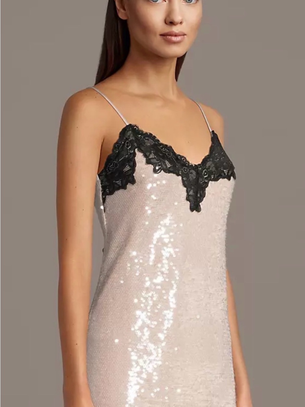 Sequin Mesh Slip Dress with Lace Trim